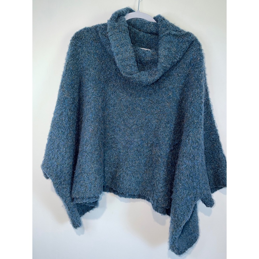 Womens M L Oversized Boucle Knit Poncho Sweater Cowl Neck Blue Teal Cape Ponsesa